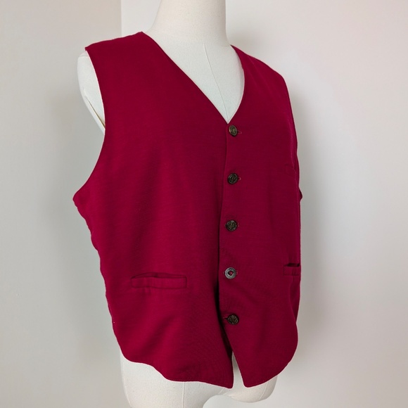 70s Red Button Down Waistcoat Vest Relaxed Fit Sleeveless V-Neck - Picture 5 of 10